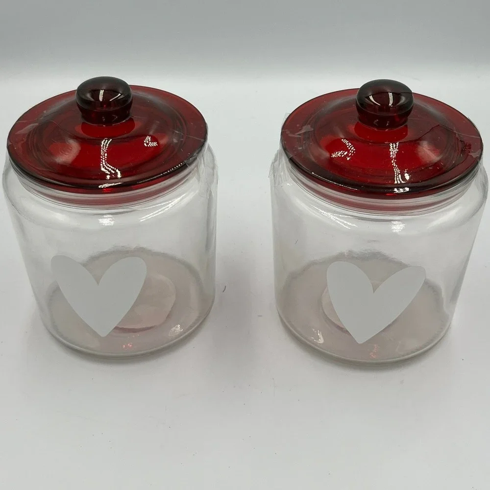 Horizon Group Glass Heart Jars Set of 2 OS Clear Red Brand New Valentine Decor
